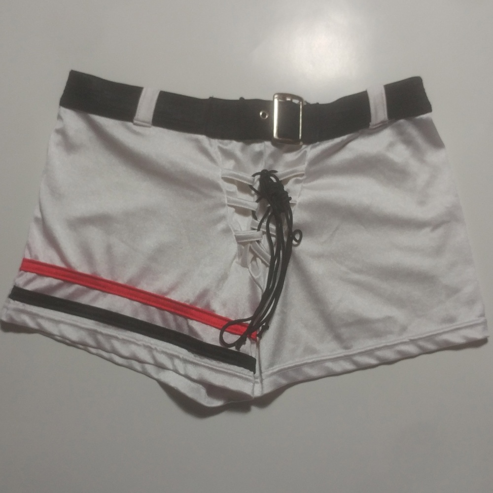 White Shorts with Red/Black Stripes
